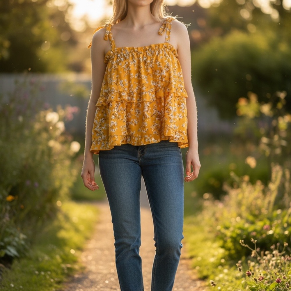 Yellow Floral Ruffle Tank Top